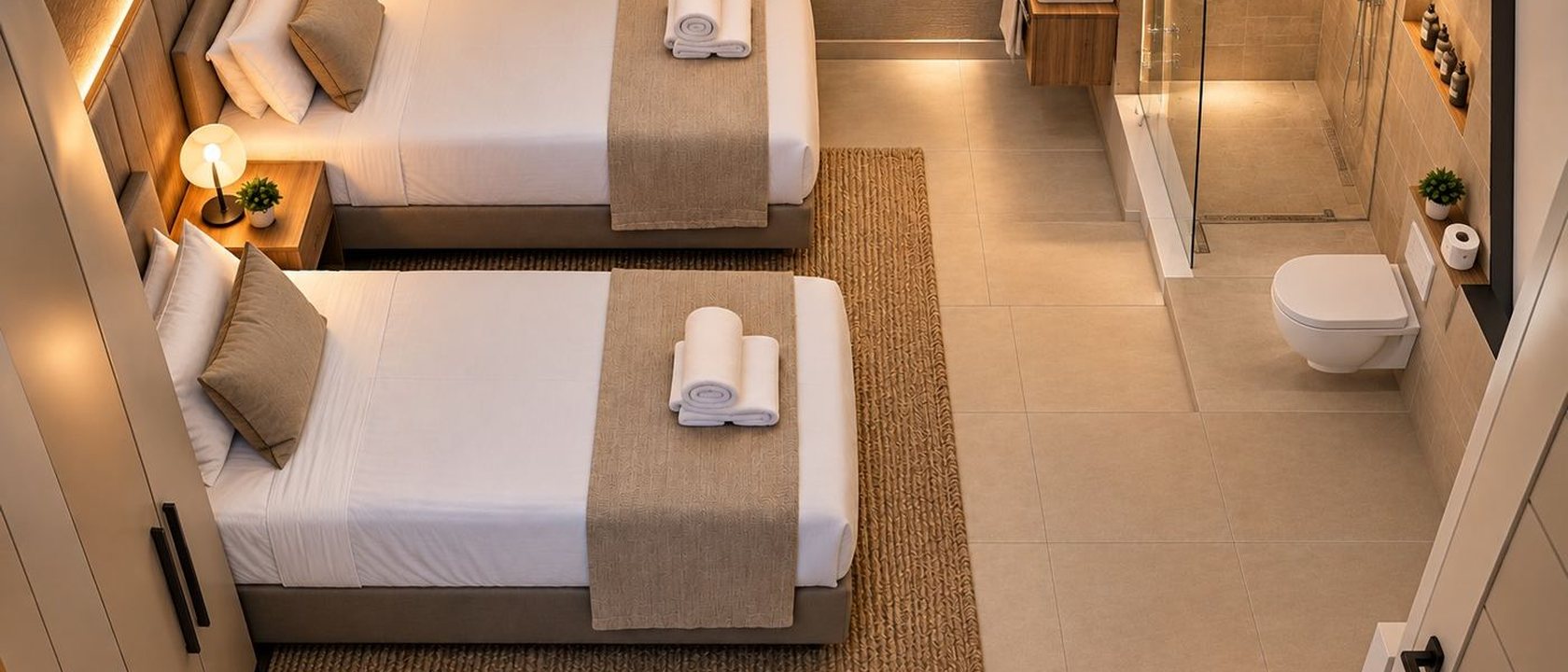 Kamer 20 — 3D-weergave met twee bedden, douche en toilet